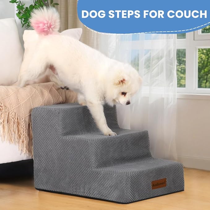 Aodisman Dog Stairs for Small Dogs & Cats,3-Step Pet Steps for Couch & Bed | High-Density Foam Dog Steps with Anti-Slip Bottom,Easy for Puppies,Older Cats & Dogs to Reach Sofas & Chairs,Grey,13.6" H