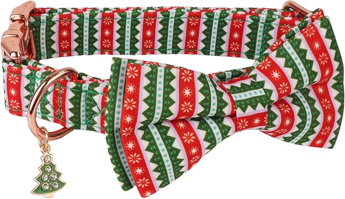 ADOGGYGO Christmas Dog Collars with Bow, Detachable Stripe Xmas Bowtie, Metal Buckle, Adjustable Green Christmas Collars for Extra Small Dogs Boy Girl (X-Small)