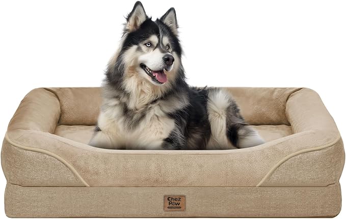 Orthopedic Washable XXL Dog Bed for Extra Large Dogs | Egg Crate Foam, 4-Sided Bolster Support, Waterproof Liner, Non-Slip Bottom, Removable Bolster Cover, 45 x 35 Inch