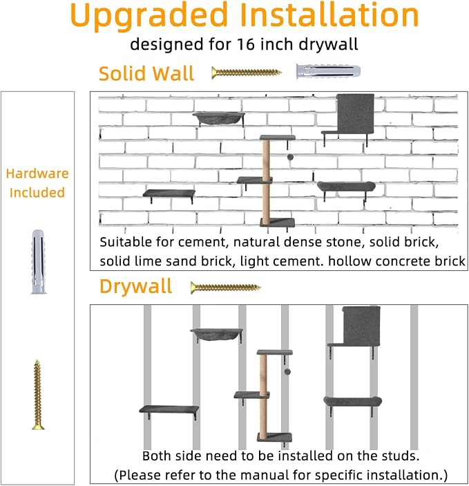 Cat Wall Shelves 5-Piece Set,Cat Walls Furniture for Indoor Large Cats Includes Bed, Cave, Scratching Post, Hammock, Space Saving Floating Shelves (Dark Gray)