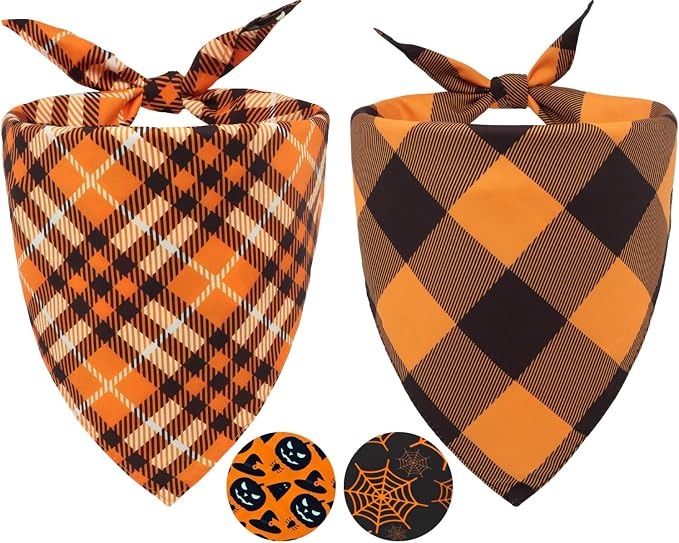 Fall Dog Bandanas 2PCS Halloween Pumpkin Spider Web Small Dog Cat | Reversible dog bandanas for fall & Halloween & Thanksgiving. Orange plaid/pumpkin/Spider Web design. Fits small dog cat