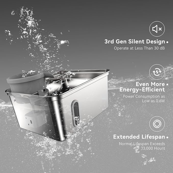 8L/270oz Stainless Steel Large Dog Water Fountain Dispenser Bowl | Premium stainless steel filtered dog water bowl and quiet large dog fountain. Visible water level window, great for cats.