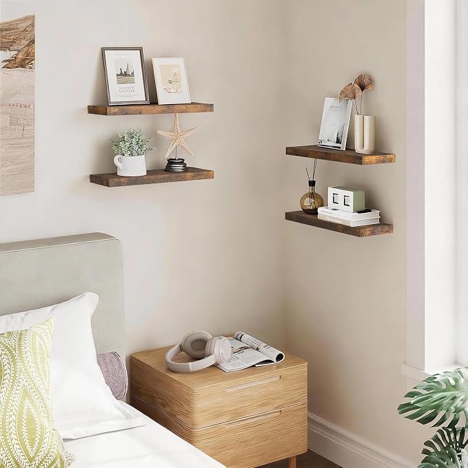 BAYKA Rustic Brown Floating Shelves 15.7in, Set of 4, Wall Mount Wood Shelf | Easy Install, 22lbs Max Load, Hidden Bracket, Hanging Shelf for Books Storage/Room Decor, Multi-Wall Compatible