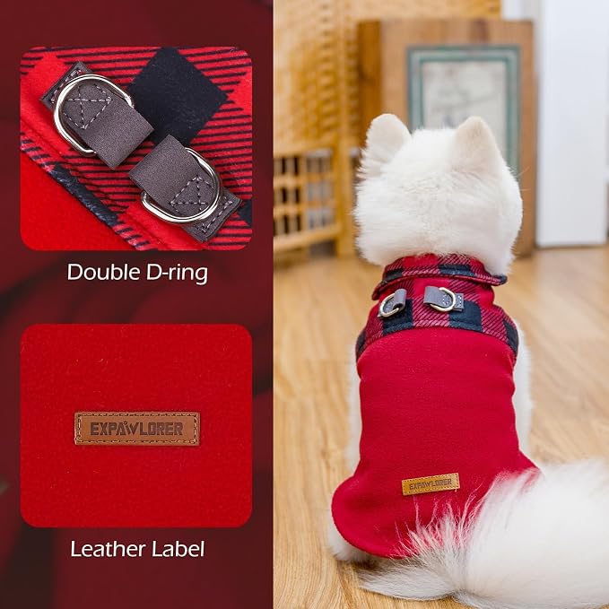 Christmas Fleece Dog Sweater for Small Medium Dogs - Classic Plaid Jacket, Doggie Winter Coat Vest with 2 D-Rings for Leash, Cold Weather Clothes,Pet Apparel,Sweatershirt for Boy or Girls