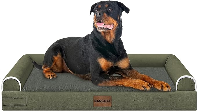 Orthopedic Dog Bed for XX-Large Dogs, 44 x 34 Inch, Dark Green | Egg crate foam for joint support, 3-sided bolster pet sofa, waterproof lining, washable cover, and non-skid base