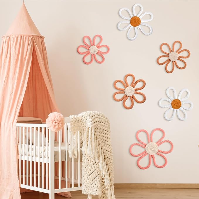 Barydat 6 Pcs Boho Nursery Decor Daisy Flower Woven Macrame Wall Hanging 3 Size Daisy Flower Wall Decor Bohemian Nursery Decorations for Home Dorm Art(Pink, Brown, White)