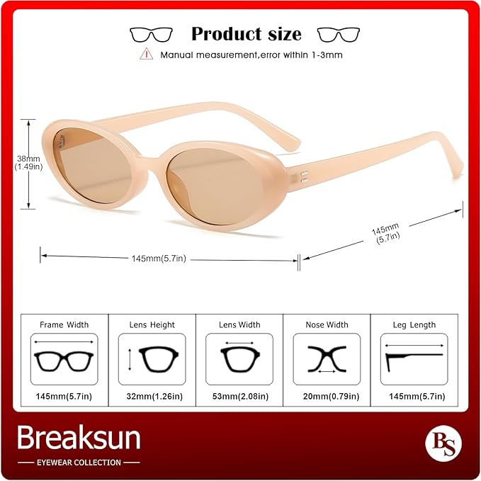 Breaksun Retro Oval Sunglasses for Women Men Fashion Small Oval Sunglasses 90s Vintage Shades