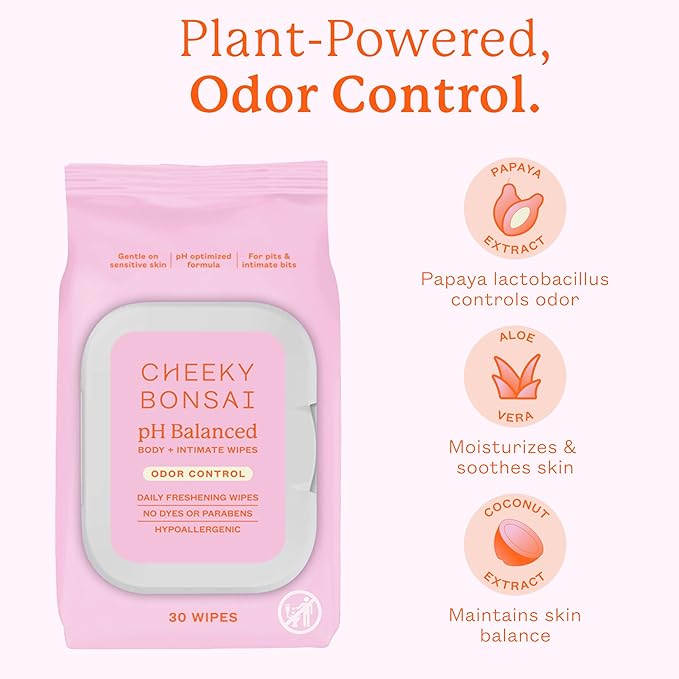 Cheeky Bonsai pH Balanced Feminine Wipes - Removes Odor - Gentle on Sensitive Skin - No Dyes or Parabens - Hypoallergenic - Gynecologist Approved - 30 Count