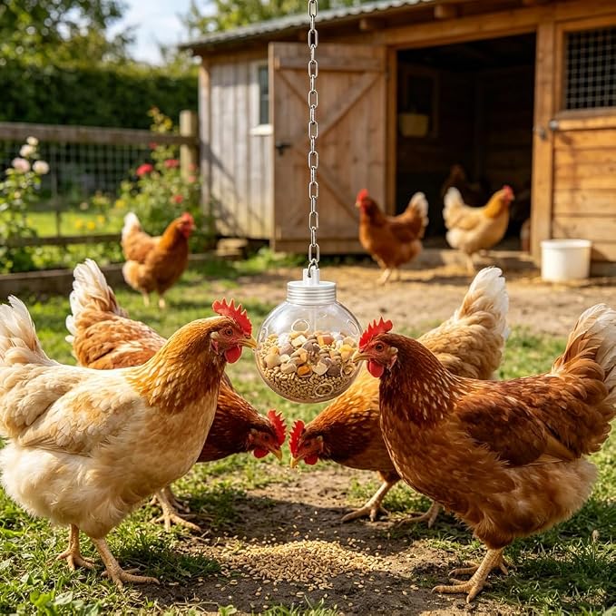 2pcs Chicken Treat Dispenser Toy,Interactive Slow Feeder Hanging Ball with Chain,Chicken Pecking Foraging Enrichment Toy, Coop Accessories for Hens Poultry Duck Birds Parrots (1)