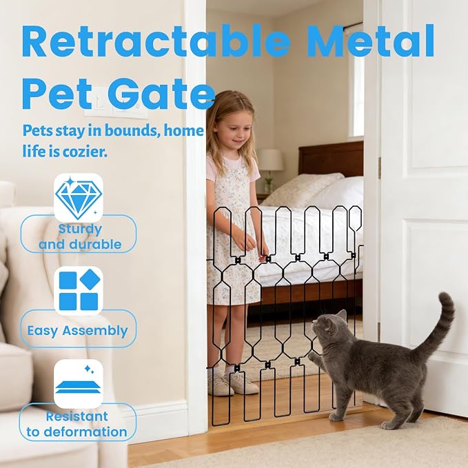 Retractable Metal Dog Gate for Front Door, Bite-Proof Pet Door Barrier, Foldable Space-Saving Wall-Mounted for Small and Medium-Sized Dogs, Easy Install Dog Gate, Indoor/Outdoor (W: 31in H: 31in)