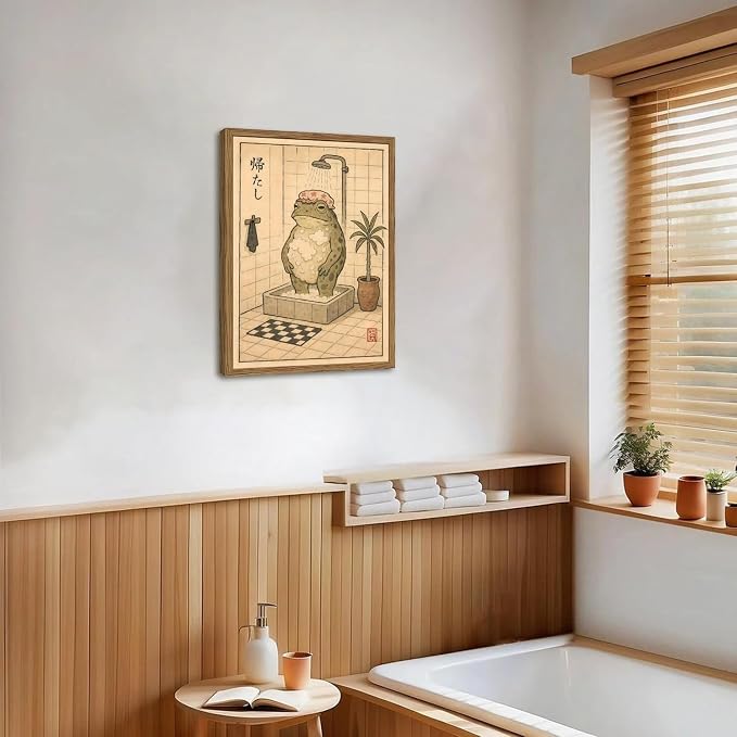 Funny Japanese Frog Bathroom Wall Art Whimsical Frog Shower Wall Decor 16x24 inch Wood Framed, Eclectic Japan Animal Bathroom Poster Painting Canvas Prints Aesthetics