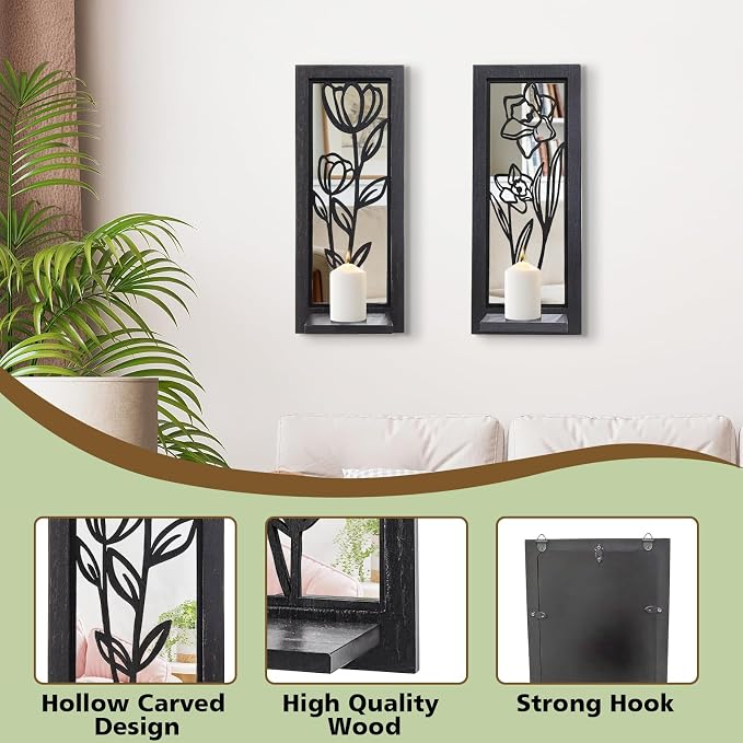 ZEXUIRU 2 Set Rustic Candle Sconces Living Room Bedroom Entryway Wood Mirrored, Farmhouse, Carved Frame Wall-Mount Wooden Candle Holders Wall Decor Hanging Handmade Holder - Black