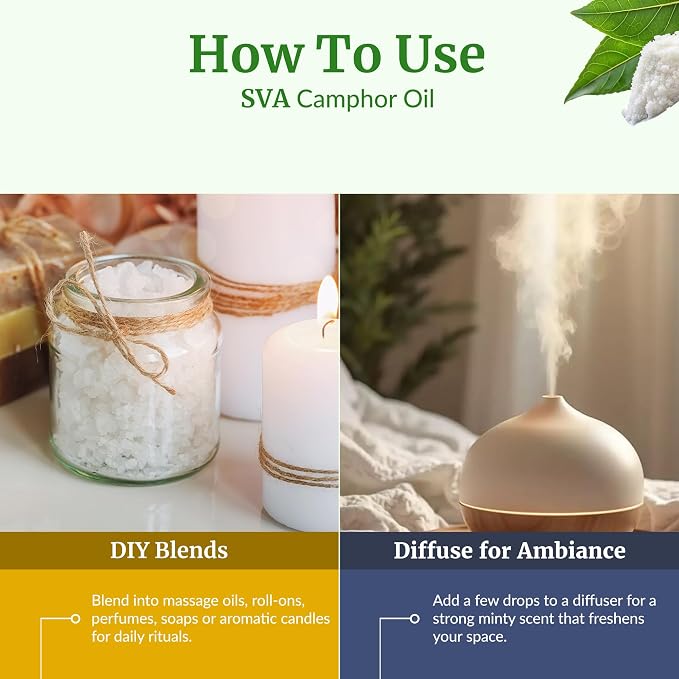 SVA Camphor Essential Oil 4 Fl Oz – for Diffuser, Skin & Hair Care – Ideal for Massage & DIY Blends – with Dropper