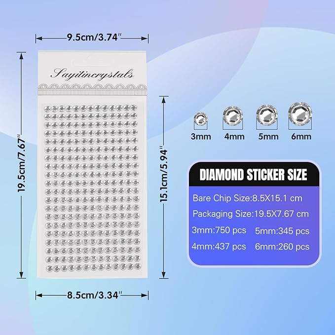 8 Sheets Rhinestone Stickers，3584 Pcs Gem Stickers for DIY Face Eyes Makeup Hair（Silver-3/4/5/6mm）