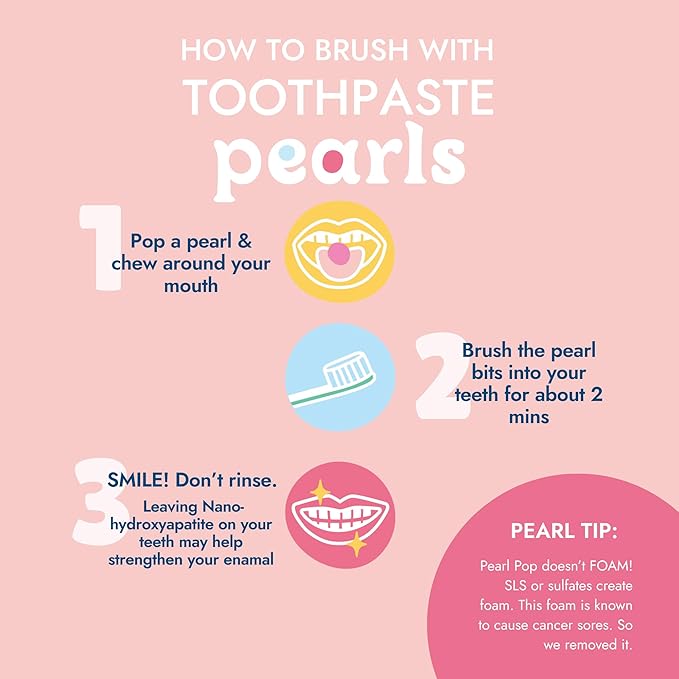 Pearl Pop Toothpaste Pearls, Chewy Fluoride Free Toothpaste for Kids & Adults, Stocking Stuffer, Mess-Free Travel Tooth Paste Alternative Made with Nano-Hydroxyapatite & Xylitol, Bubble Gum, 65ct