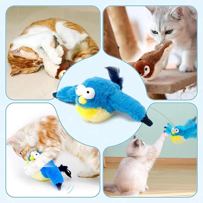 Interactive Chirping Bird Cat Toys with Flapping Wings,No Flying Birds Cats Toy, Flying Simulation Electric Sparrow Shaking Hunting Pet Toy for Indoor (Blue Ugly)
