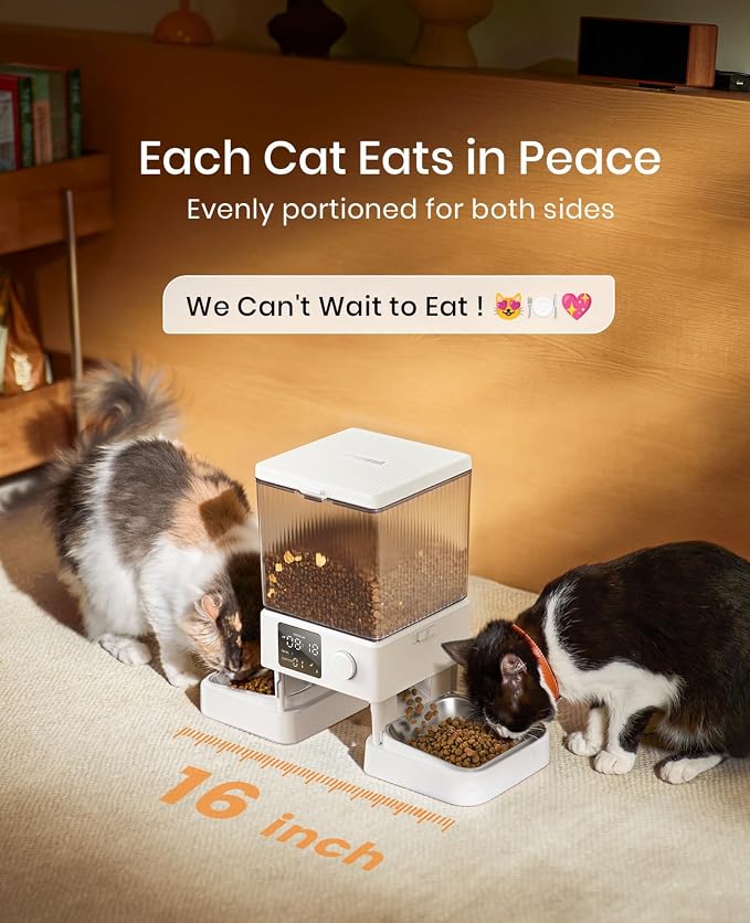 oneisall Automatic Cat Feeder for 2 Cats Pets, Timed Cat Food Dispenser | 20 Cups/5L, Prevent Fighting, Precise Portion, Balanced Dispense, Non-Slip & Stable, Voice Recorder, Stainless Steel Bowls