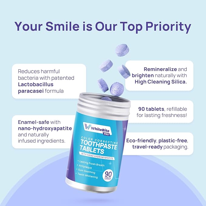 Whitebite Pro Color Correcting Toothpaste Tablets with Nano Hydroxyapatite | Fresh Breath & Natural Whitening | Travel-Friendly Toothpaste & Mouthwash | Fluoride and Plastic-Free (Peppermint)