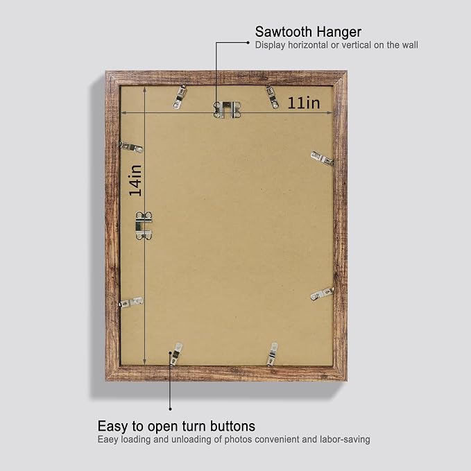 Hongkee 11x14 Picture Frame Set of 4, Made of Glass and Rustic Brown Wooden Frame, Display 8x10 Pictures with Mat or 11 x 14 Posters without Mat for Wall Mounting, Gallery Photo Frames