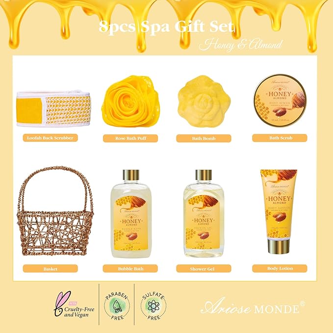 Mothers Day Birthday Spa Gifts for Women, 8pcs Honey Almond Bath Gift Set for Women, Relaxation Self Care Spa Kit W/Bath Bomb, Bubble Bath, Mom Sister Female Christmas Thank You Gifts