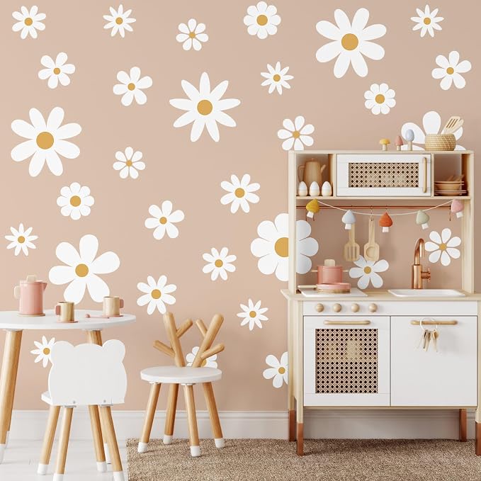 TaoBary 12 Sheet Daisy Wall Sticker Decal,White, Yellow,Classic Style | Big Flower Wall Sticker, Pink White Floral Decal, Daisy Bedroom Room Decor, Removable Peel and Stick, Nursery Home Wall Decor