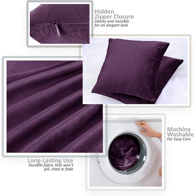 Throw Pillow Inserts Pack of 2 with Velvet Soft Solid Decorative Square Throw Pillow Covers Set for Sofa Couch Car Bedroom, 26X26 Throw Pillows Inserts with 24x24 Washable Cushion Covers, Dark Purple