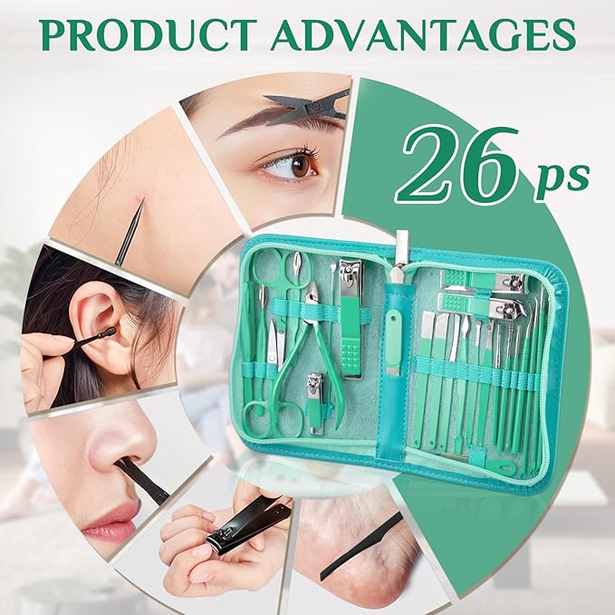 MINKINH Manicure Set Professional Nail Clipper Kit-26 Pieces Stainless Steel Manicure Kit,Nail Care Tools with Luxurious Travel Case Nail Grooming Kit Present for Men Woman Parent (Green)