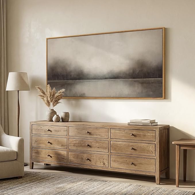 Large Framed Neutal Abstract Landscape Wall Art for Living Room, 60x30 In | Rustic lake paintings, Canvas prints, Wood frame, Horizontal nature pictures, Modern artwork, Wall decor for bedroom office