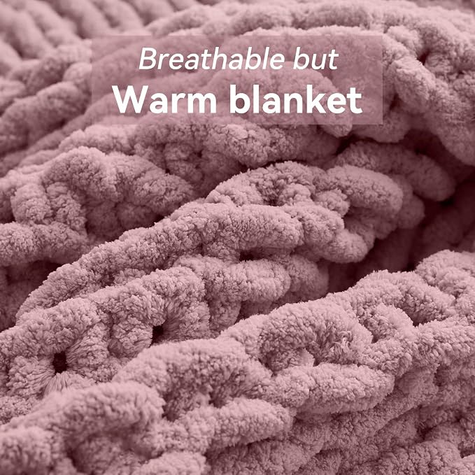 Negwoo Chunky Knit Throw Blanket, Knitted Throw Chenille Yarn, 30"*40" | Soft Thick Cable Knitted Blankets, Handmade Big Thick Blanket, Machine Washable Cute Comfy Blanket for Home Decor, Muted pink