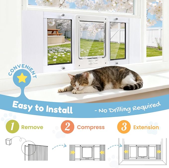 Petoasis Cat Door for Window & Small Dog, Quick Damage-Free Install, 32"-36" Width Adjustable, All Aluminum Frame, 4-Way Lock, Magnetic Closure Cat Window Door, Extra Window Lock & Sealing Strips (L)