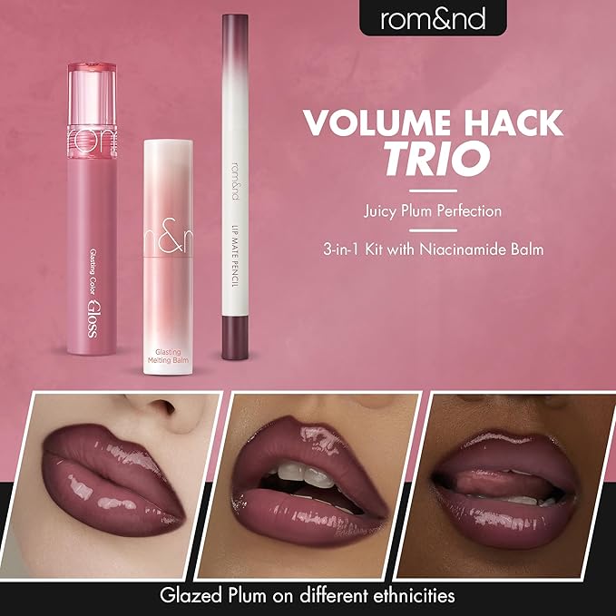 rom&nd Volume Hack Trio Glazed Plum Lip Set | Plumping, Hydrating K-Beauty Lip Kit for High-Shine, Irresistible Pouts