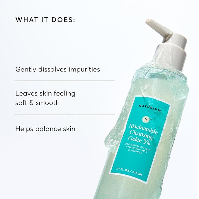 Naturium Niacinamide Cleansing Gelée 3% Plus Hyaluronic Acid & Vitamin C, Gentle & Smoothing Face Wash, 7.1 oz