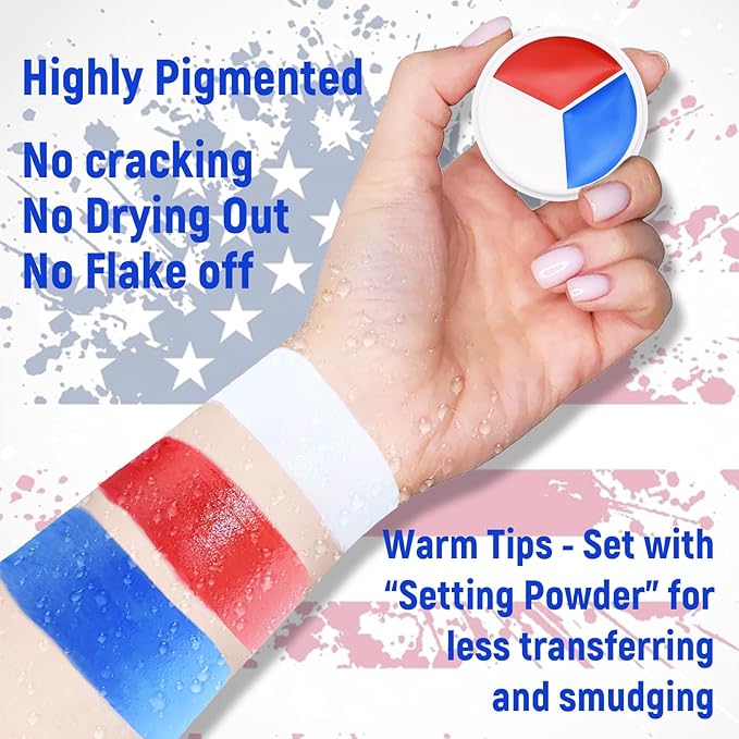 Red White Blue Face Body Paint - USA American Flag 3 Colors Makeup Face Painting Palette for America's Patriotic Events 4th of July, Independence Day, Veterans Day, Halloween, Sports Event