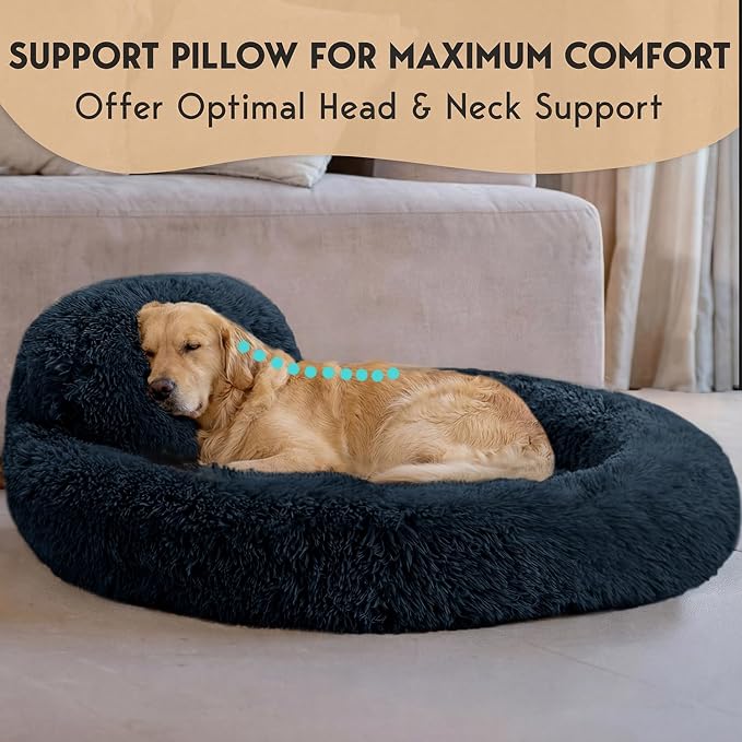 PetJett XL Dog Beds for Large Sized Dog - 45'' Extra Large Dog Bed, Washable Dog Bed - Anti-Slip Super Soft Round Donut Bed, Fluffy Faux Fur Anti-Anxiety Premium Comfort Pet Bed, Fits Dogs upto 120lbs