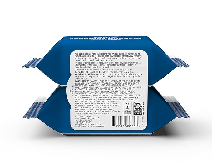 Amazon Basics Makeup Remover Wipes, Gentle Cleansing, Dermatologist Tested, Original, Plant Based, Alcohol-Free, Removes Waterproof Mascara, 25 Count Per Pack, Pack of 2
