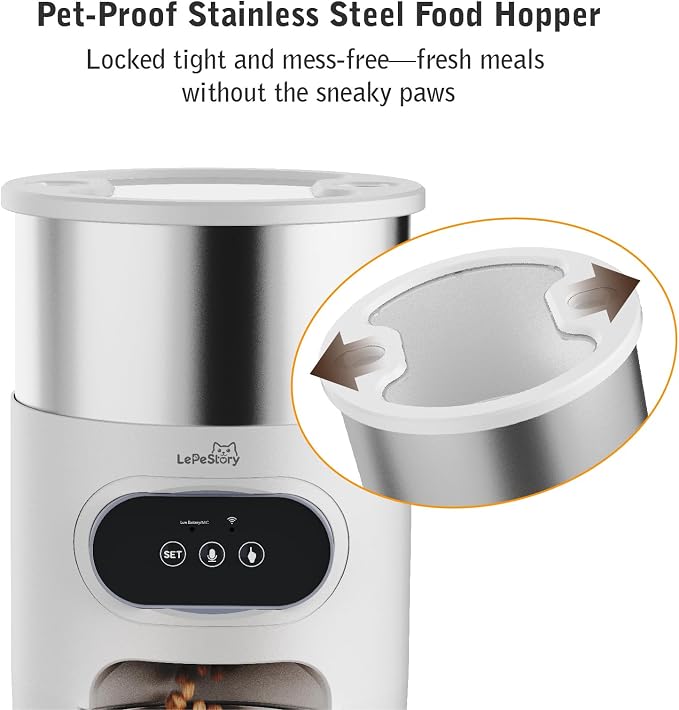 Automatic Cat Feeder with App Control Dual Power Supply 3L | Programmable Pet Food Dispenser for Cats & Small Dogs, 10-Second Voice Recording, Portion Control