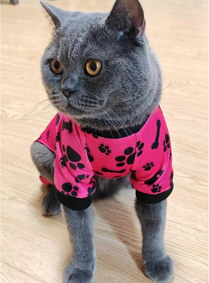 PET SHOW 4 Pack Paw Print Fleece Dog Pajamas Warm for Small Dogs | Soft stretchy dogs onesies,boy girl pjs with sleeve,holiday jumpsuit costume for small pets cats,S