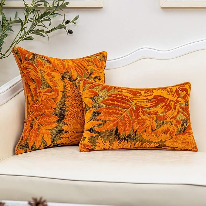 Alerfa 20 x 20 Inch Orange Square Maple Leaf Pillow Embroidery Cut Velvet Cushion Case Luxury Modern Lumbar Throw Pillow Cover Decorative Pillow for Couch Sofa Living Room Bedroom Car
