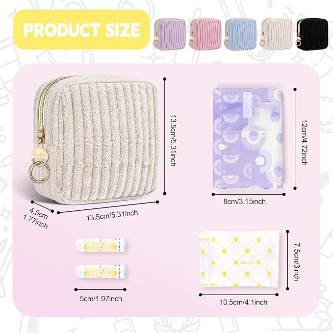 Period Bag for Teen Girls, Fluffy Corduroy Sanitary Napkin Storage Bag, Cute Menstrual Pad PouchTampon Holder for Purse (Beige)