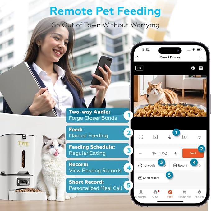 TYM Automatic Cat Feeder with Camera, 5G WiFi Food Dispenser for Small Pets | Two-way Voice | Night Vision | Separation Anxiety | Weight / Diet Control | Programmable Timer | APP Remote Control