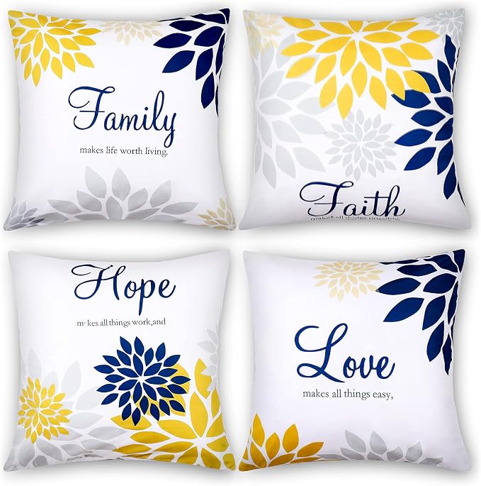 Tatuo 4 Pcs Flower Pillow Covers Square Summer Pillow Cushion Cases 18 x 18 Inch Family Faith Hope Love Words Decorative Spring Winter Cushion Case for Bed Couch Sofa Living Room(Yellow Series)