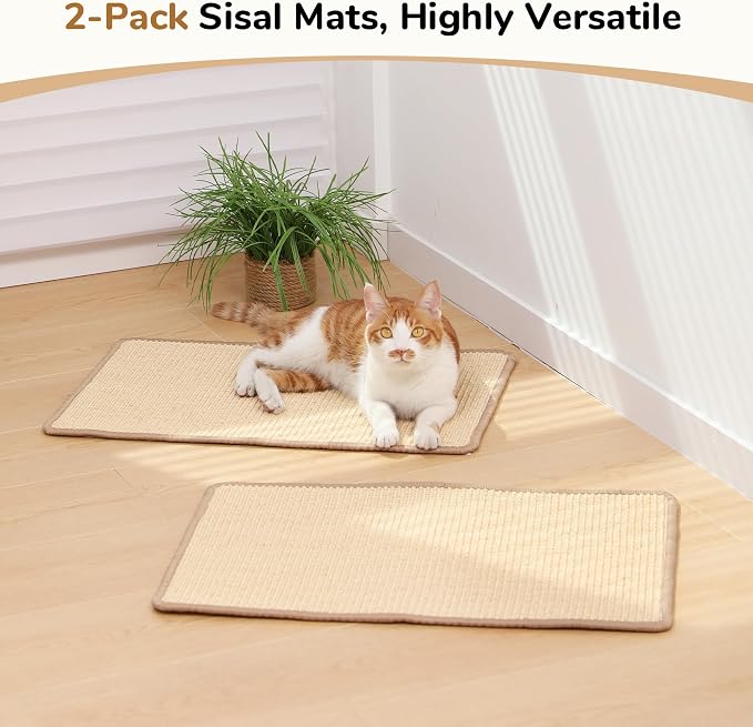 FUKUMARU 2 Packs Cat Scratching Mat, 23.6 x 15.7 Inch Cat Scratcher Pad | Natural Sisal Cat Scratch Mat for Indoor Cats, Horizontal Cat Wall Scratcher Floor Rug with Sticky Tapes, Furniture Protector