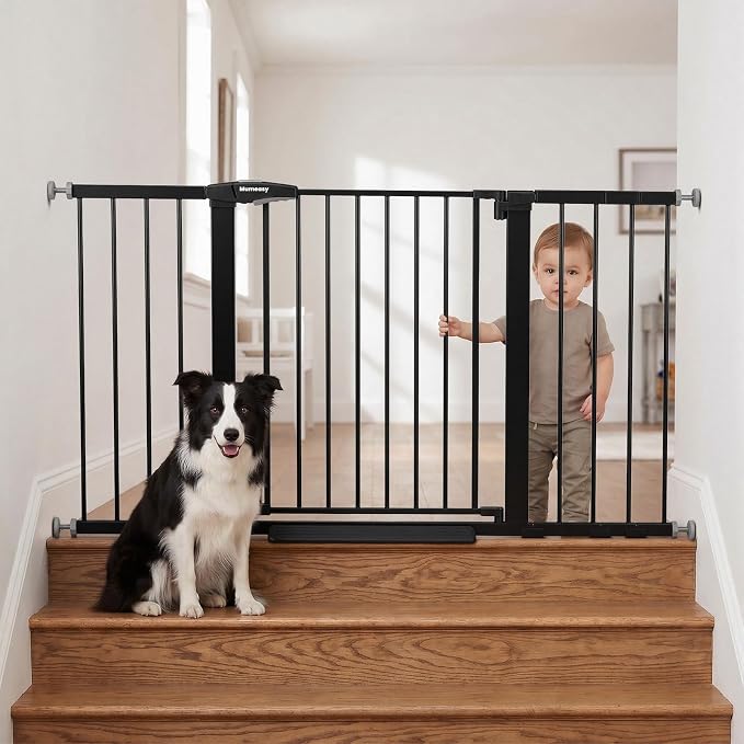 Mumeasy 29.7-54.2" Baby Gate for Stairs, Pressure Mounted Dog Gate for Doorways, Extra Wide Walk Thru Safety Pet Gate for Doors with Auto Close, Easy Install Child Gate for Hallway Indoor House, Black