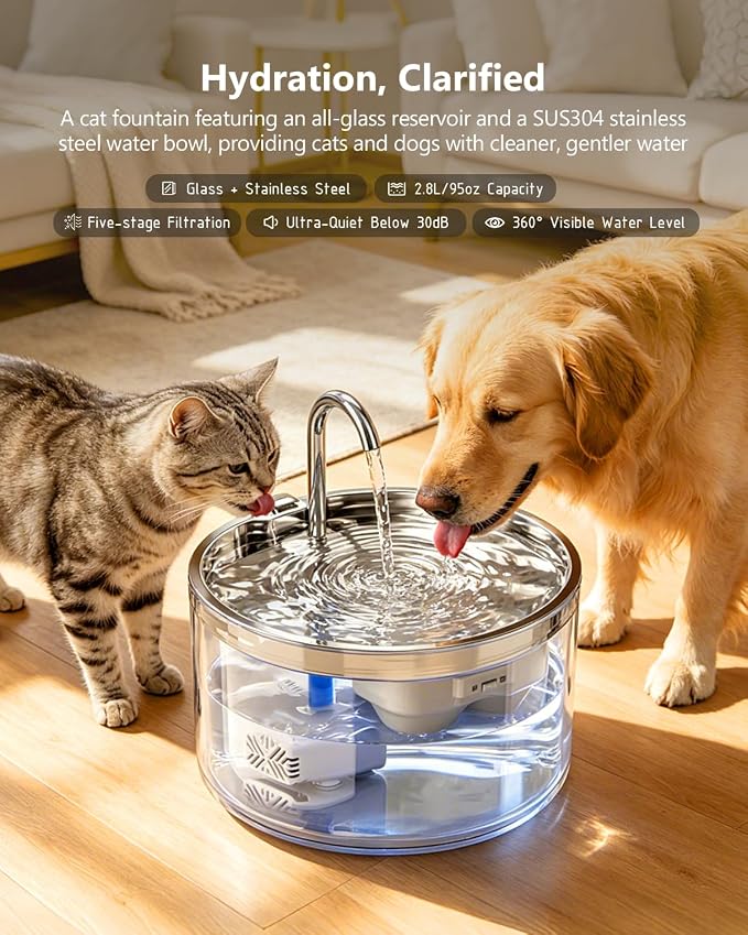 WEPIOU 95oz/2.8L Glass Cat Water Fountain, Multi-Stage Filter, Ultra-Quiet | Automatic Glass Pet Water Fountain, Scientific Gold Capacity for 1-2 Cats, Borosilicate Glass Waterer to Reduce Feline Acne