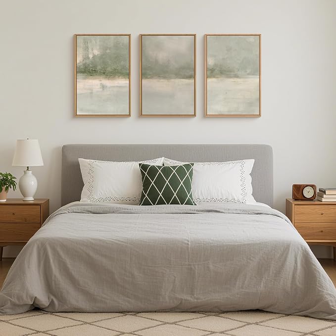 FWIEXA Grey Green Abstract Canvas Wall Art Set 3, Neutral Landscape Framed Prints, Modern Lake Scenery Paintings, Beige 24x36In Watercolor Artwork Poster for Farmhouse, Living Room, Bedroom, Office