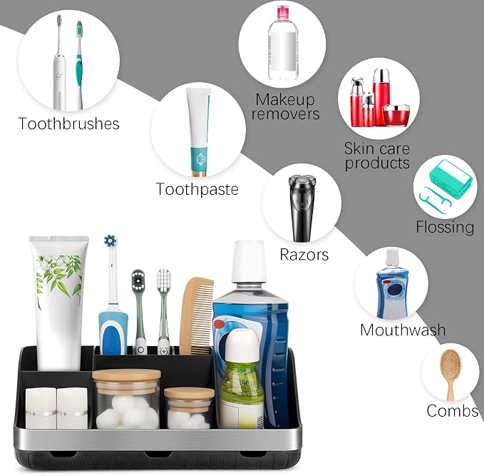 GFWARE Black Toothbrush Holder - 7 Slots Bathroom Organizer Countertop with Drainage Matte Black Electric Toothbrush and Toothpaste Holder for Bathroom Accessories Sink Storage