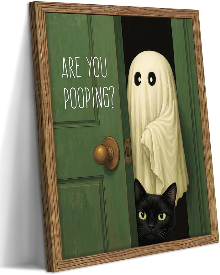 Funny Halloween Bathroom Wall Art, Vintage Cute Ghost Cat Canvas Wall Decor Paintings, Funny Are You Pooping Artwork Poster Print Picture for Bathroom Restroom 12x16 Inch Framed