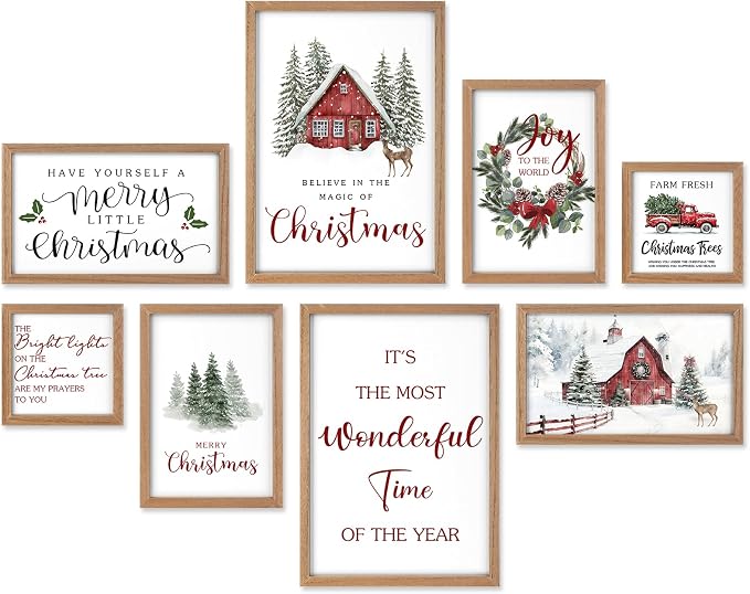 Faccito 8 Set Snowy Barn Christian Wall Art Framed, Wooden Decor | Religious Quotes Decor for Bedroom Office, Inspirational Scripture Wooden Art, Modern Framed Set for Home Classroom Work