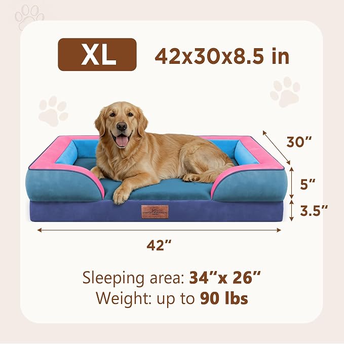 Comfort Expression Orthopedic Dog Bed for Extra Large Dogs with Bolster | Waterproof Dog Couch Bed with Washable Cover & Non-Slip Bottom, Supportive Egg Crate Foam XL Pet Bed, 42x30 Inch