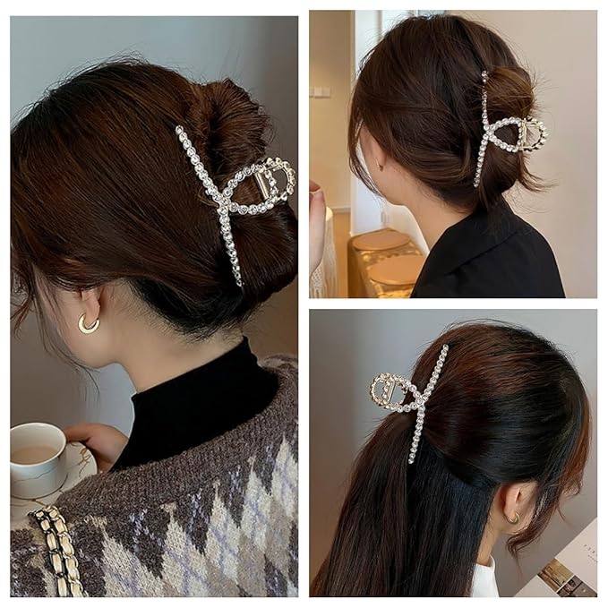 Rhinestone Hair Claw Clips, 4.4 Inch Vintage Metal Imitation Pearl Hair Jaw Clip for Women, Non Slip Hair Clamp Fashion Wedding Party Accessories Elegant Hair Decorations